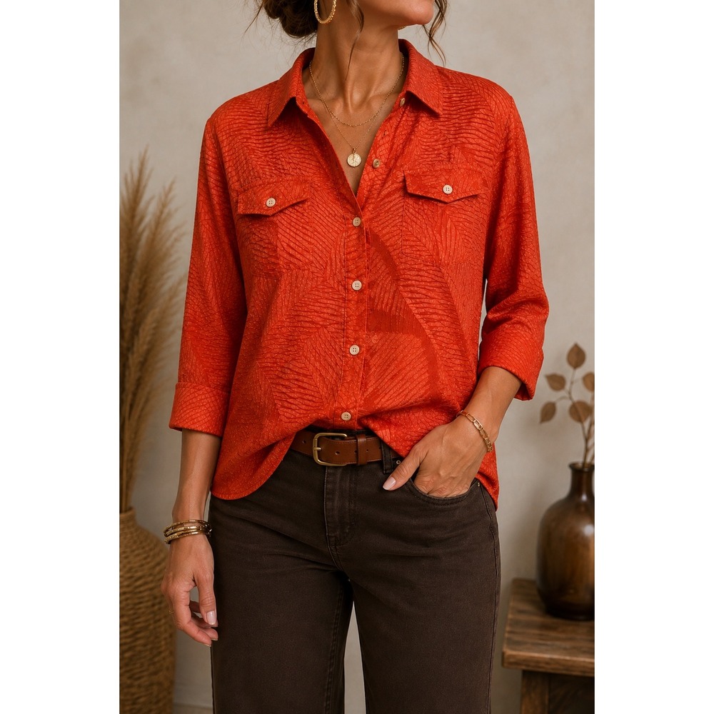 XL 7 Scott Taylor Orange Textured 3/4 Sleeve Button Front Blouse Shirt Arty Fall
